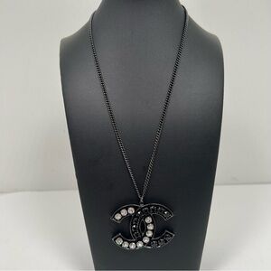 Chanel CC Chain Pendant Necklace Silver Black Rhinestone